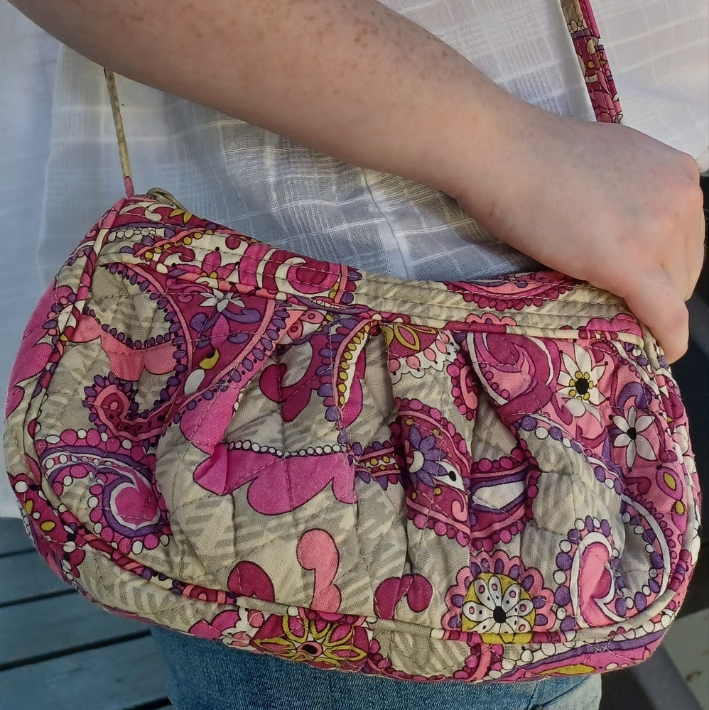 Vintage Vera Bradley bag, pink/ gray, adjustable strap.
